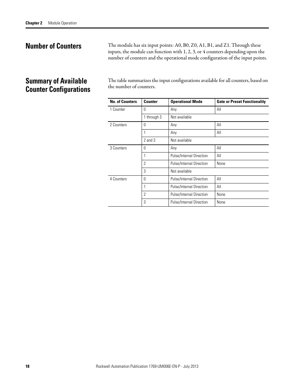 Number of counters, Summary of available counter configurations | Rockwell Automation 1769-HSC Compact High Speed Counter Module User Manual | Page 18 / 170