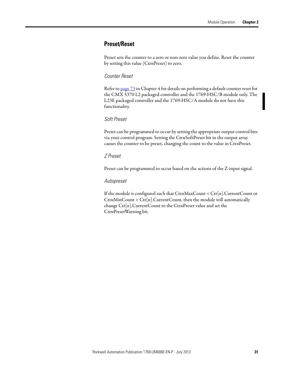 Preset/reset | Rockwell Automation 1769-HSC Compact High Speed Counter Module User Manual | Page 31 / 170