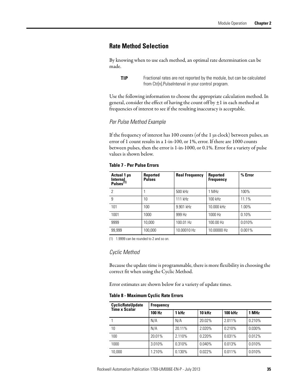 Rate method selection, Per pulse method example, Cyclic method | Rockwell Automation 1769-HSC Compact High Speed Counter Module User Manual | Page 35 / 170
