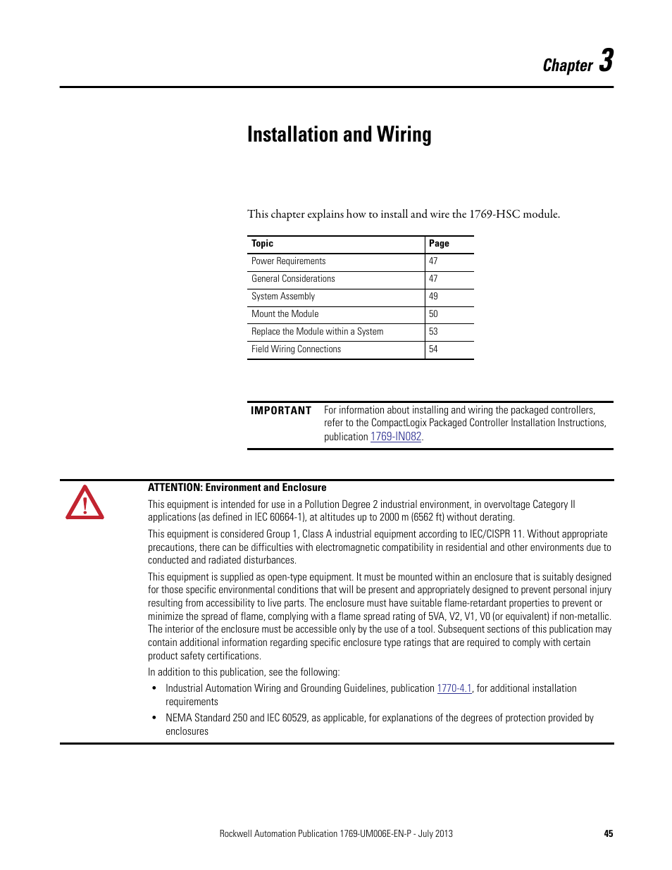 3 - installation and wiring, Chapter 3, Installation and wiring | Chapter | Rockwell Automation 1769-HSC Compact High Speed Counter Module User Manual | Page 45 / 170