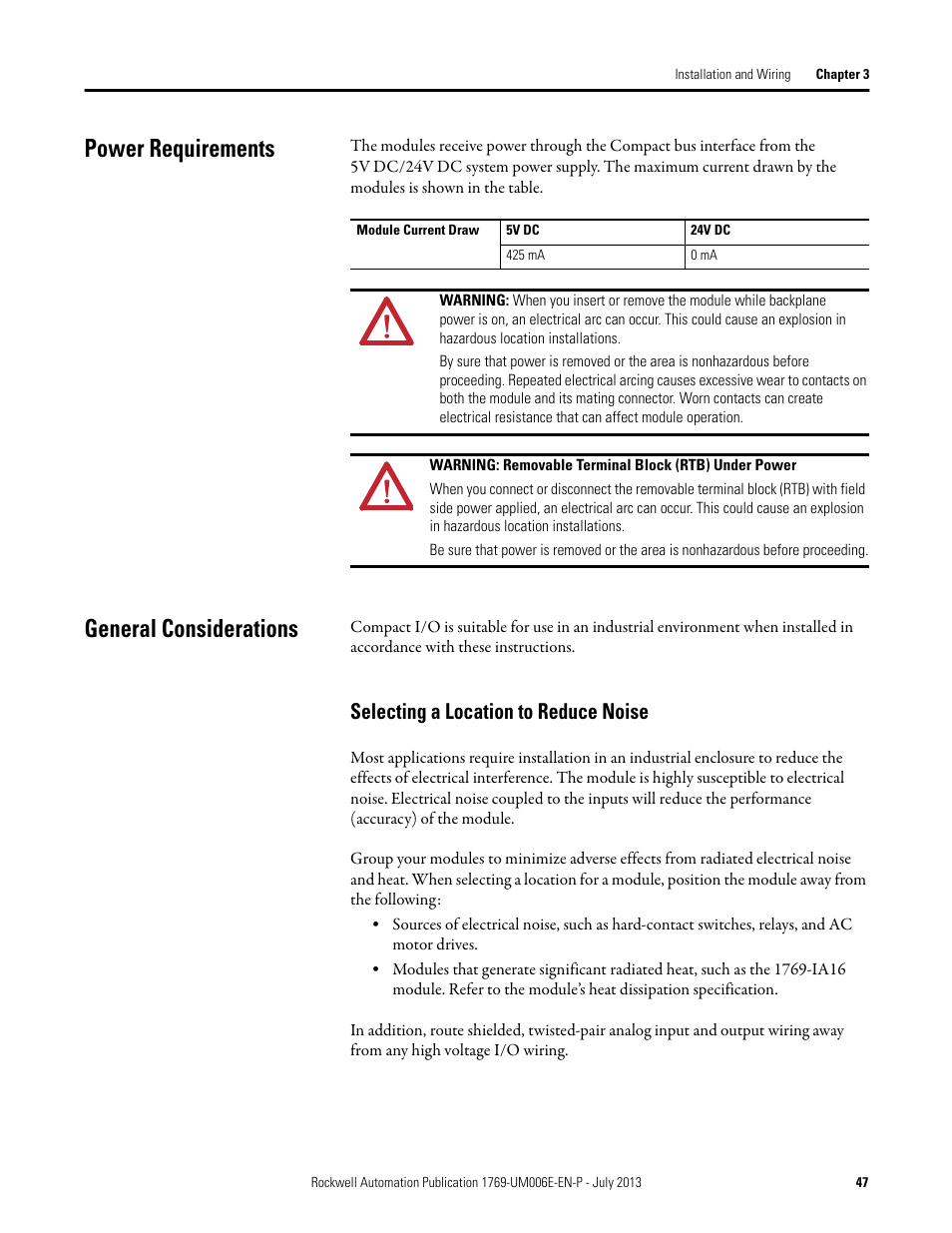 Power requirements, General considerations, Selecting a location to reduce noise | Power requirements general considerations | Rockwell Automation 1769-HSC Compact High Speed Counter Module User Manual | Page 47 / 170