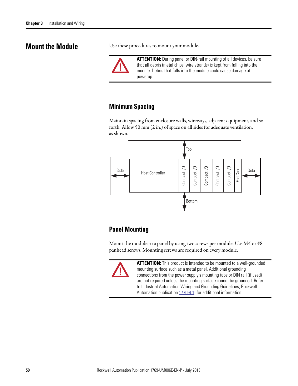 Mount the module, Minimum spacing, Panel mounting | Minimum spacing panel mounting | Rockwell Automation 1769-HSC Compact High Speed Counter Module User Manual | Page 50 / 170