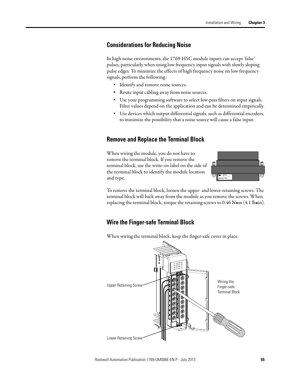 Considerations for reducing noise, Remove and replace the terminal block, Wire the finger-safe terminal block | Rockwell Automation 1769-HSC Compact High Speed Counter Module User Manual | Page 55 / 170