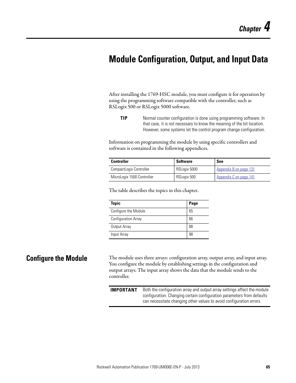 4 - module configuration, output, and input data, Configure the module, Chapter 4 | Module configuration, output, and input data, Chapter | Rockwell Automation 1769-HSC Compact High Speed Counter Module User Manual | Page 65 / 170