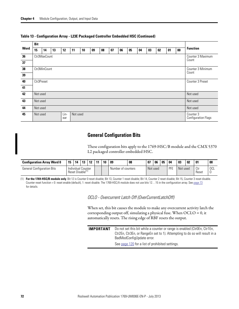 General configuration bits, Oclo - overcurrent latch off (overcurrentlatchoff) | Rockwell Automation 1769-HSC Compact High Speed Counter Module User Manual | Page 72 / 170