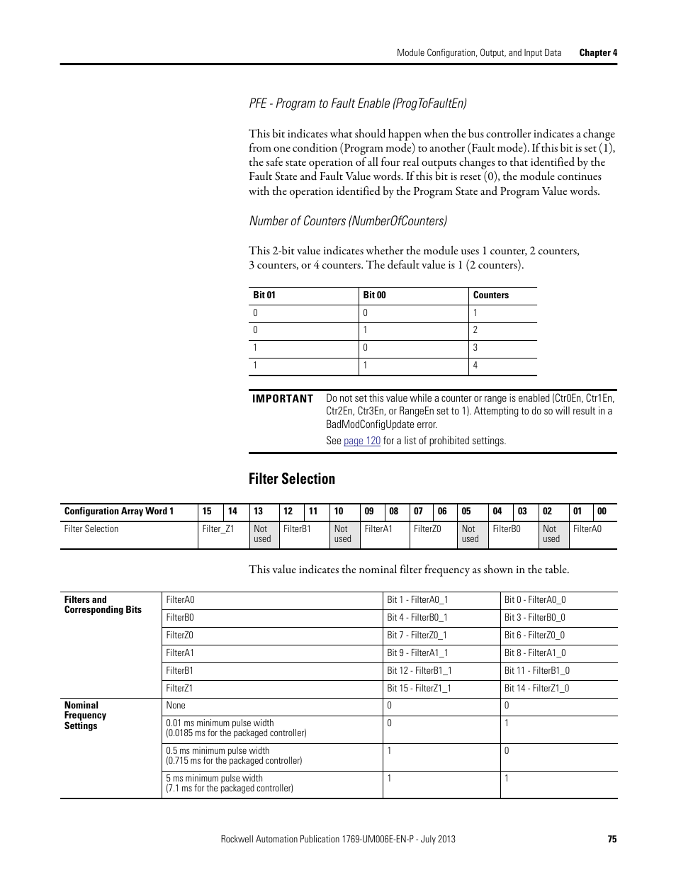 Filter selection, Pfe - program to fault enable (progtofaulten), Number of counters (numberofcounters) | Rockwell Automation 1769-HSC Compact High Speed Counter Module User Manual | Page 75 / 170