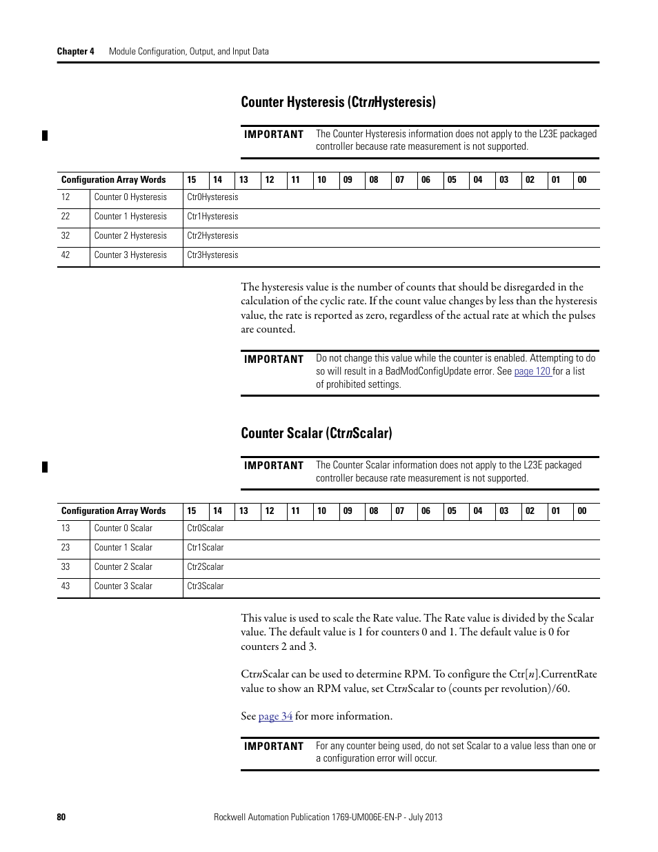 Counter hysteresis (ctrnhysteresis), Counter scalar (ctrnscalar), Counter hysteresis (ctr n hysteresis) | Counter scalar (ctr n scalar) | Rockwell Automation 1769-HSC Compact High Speed Counter Module User Manual | Page 80 / 170