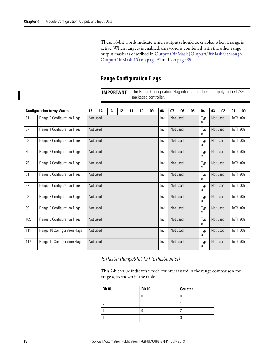 Range configuration flags, Tothisctr (range0to11, Tothiscounter) | Rockwell Automation 1769-HSC Compact High Speed Counter Module User Manual | Page 86 / 170