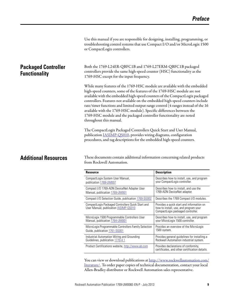 Preface, Packaged controller functionality, Additional resources | Rockwell Automation 1769-HSC Compact High Speed Counter Module User Manual | Page 9 / 170