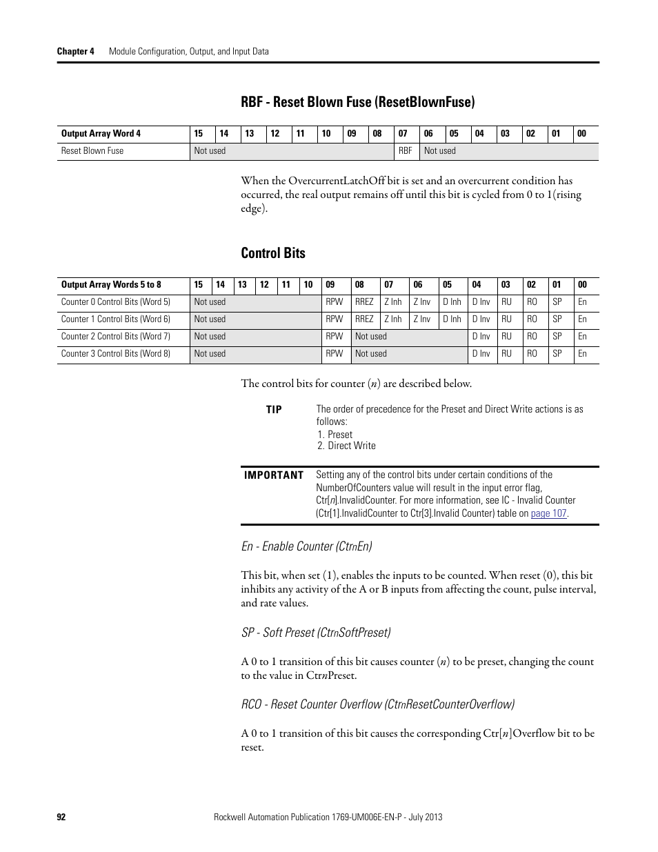 Rbf - reset blown fuse (resetblownfuse), Control bits | Rockwell Automation 1769-HSC Compact High Speed Counter Module User Manual | Page 92 / 170