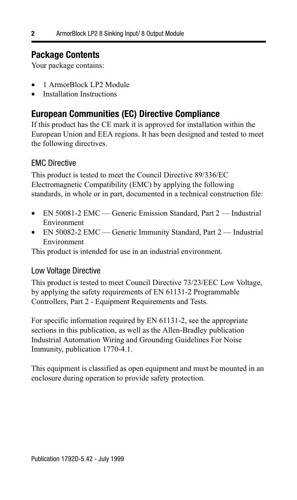 Package contents, European communities (ec) directive compliance | Rockwell Automation 1792D-8BT8LP ArmorBlock LP2 8 Sinking Input/8 Output Modul User Manual | Page 2 / 12