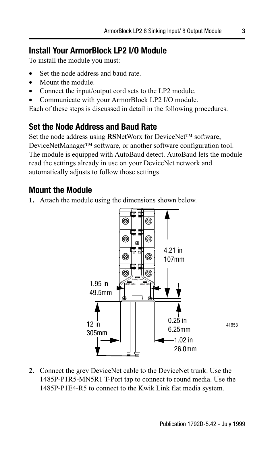 Install your armorblock lp2 i/o module, Set the node address and baud rate, Mount the module | Rockwell Automation 1792D-8BT8LP ArmorBlock LP2 8 Sinking Input/8 Output Modul User Manual | Page 3 / 12