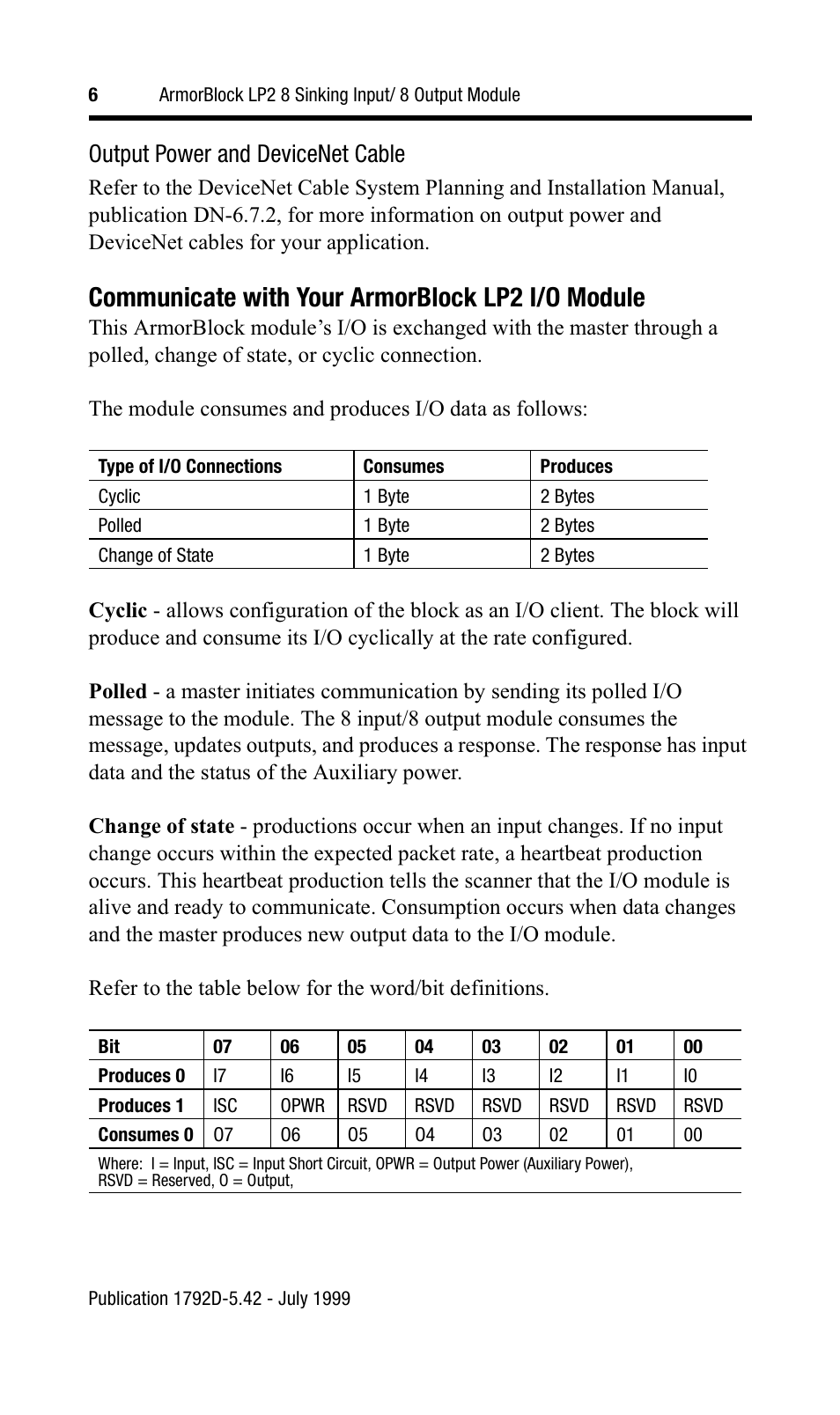 Communicate with your armorblock lp2 i/o module, Output power and devicenet cable | Rockwell Automation 1792D-8BT8LP ArmorBlock LP2 8 Sinking Input/8 Output Modul User Manual | Page 6 / 12