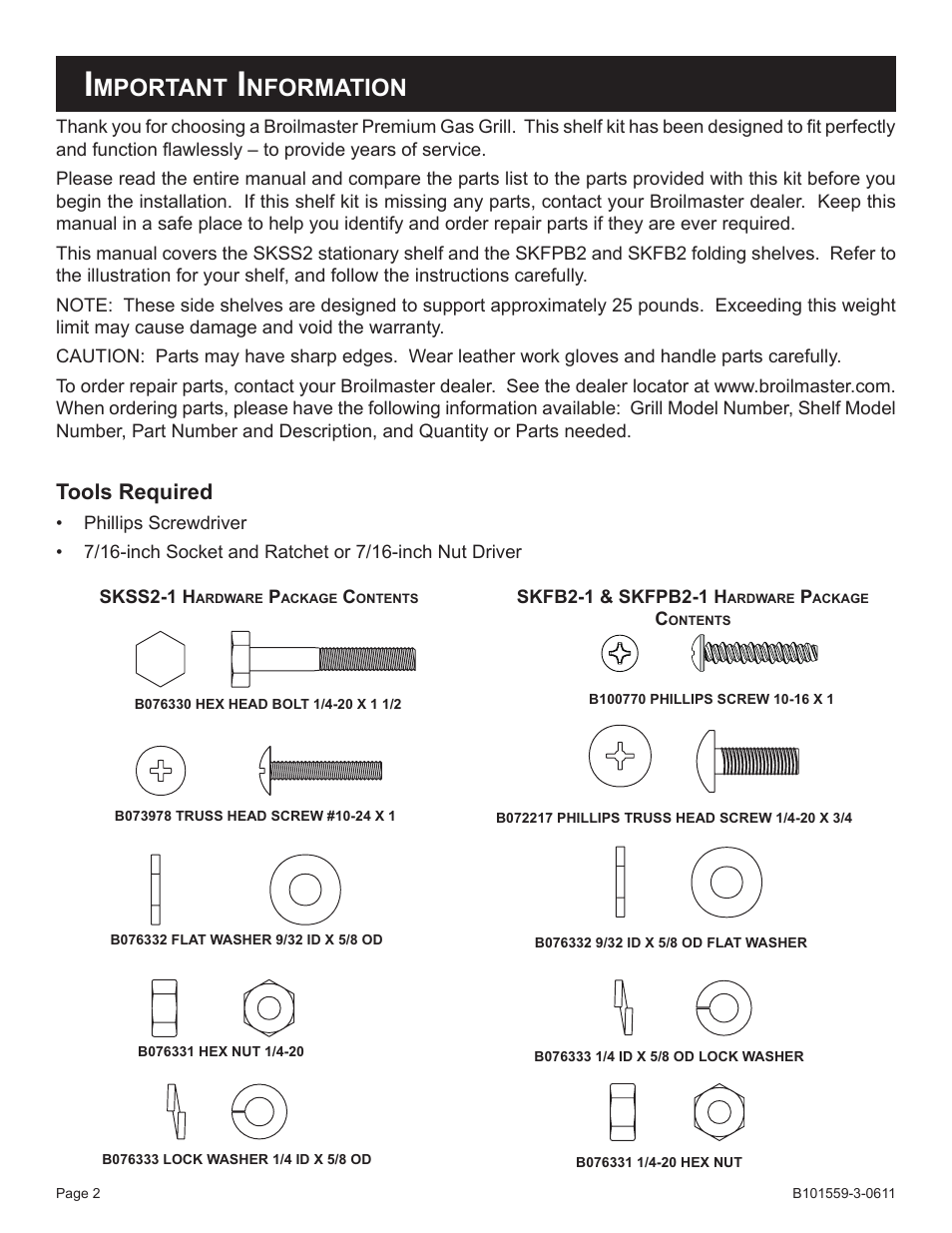 Mportant, Nformation, Tools required | Broilmaster SKFB2-1 User Manual | Page 2 / 4
