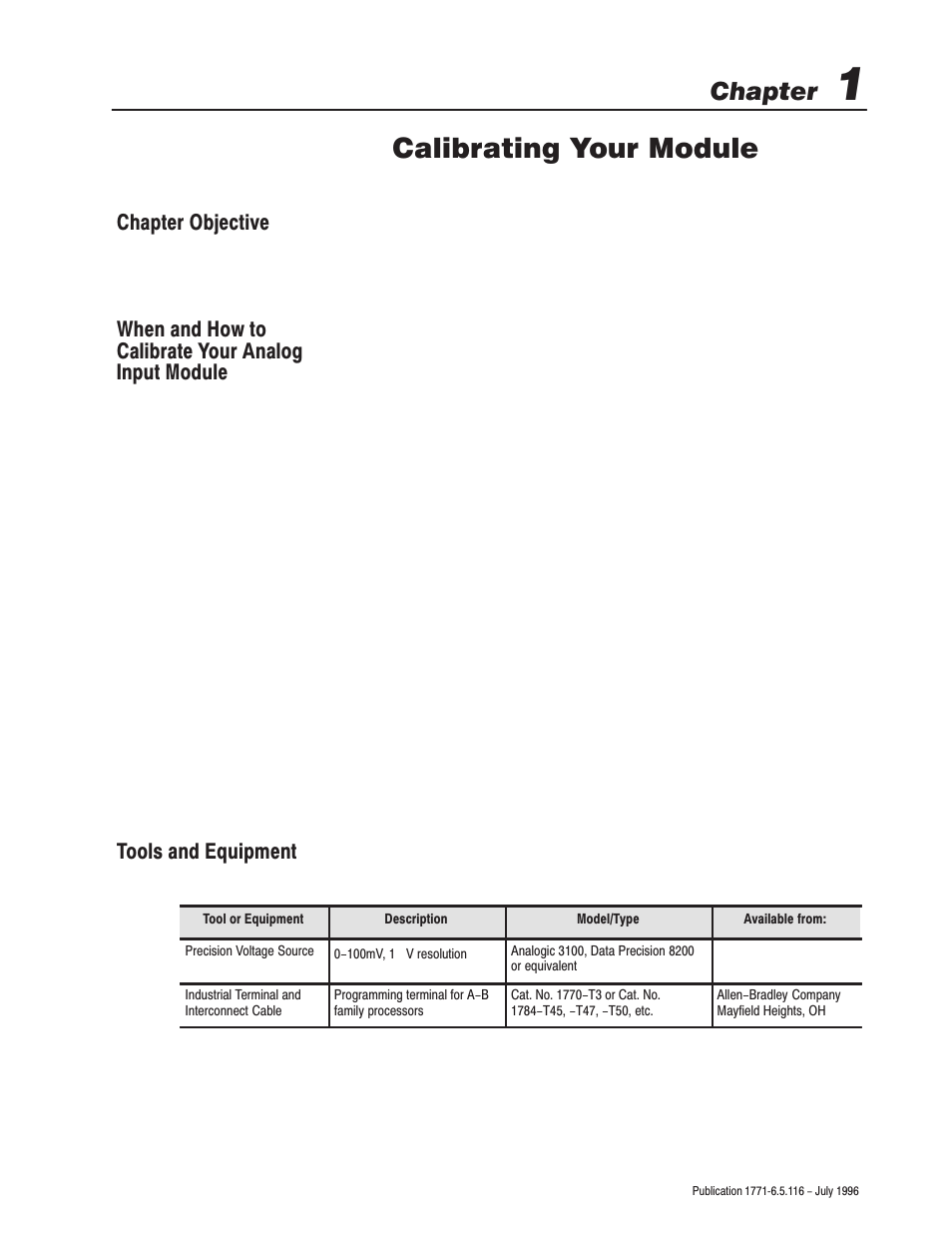 1 - calibrating your module, Calibrating your module, Chapter | Rockwell Automation 1771-IFF/A,D17716.5.116 FAST ANALOG INPUT MODULE User Manual | Page 11 / 94