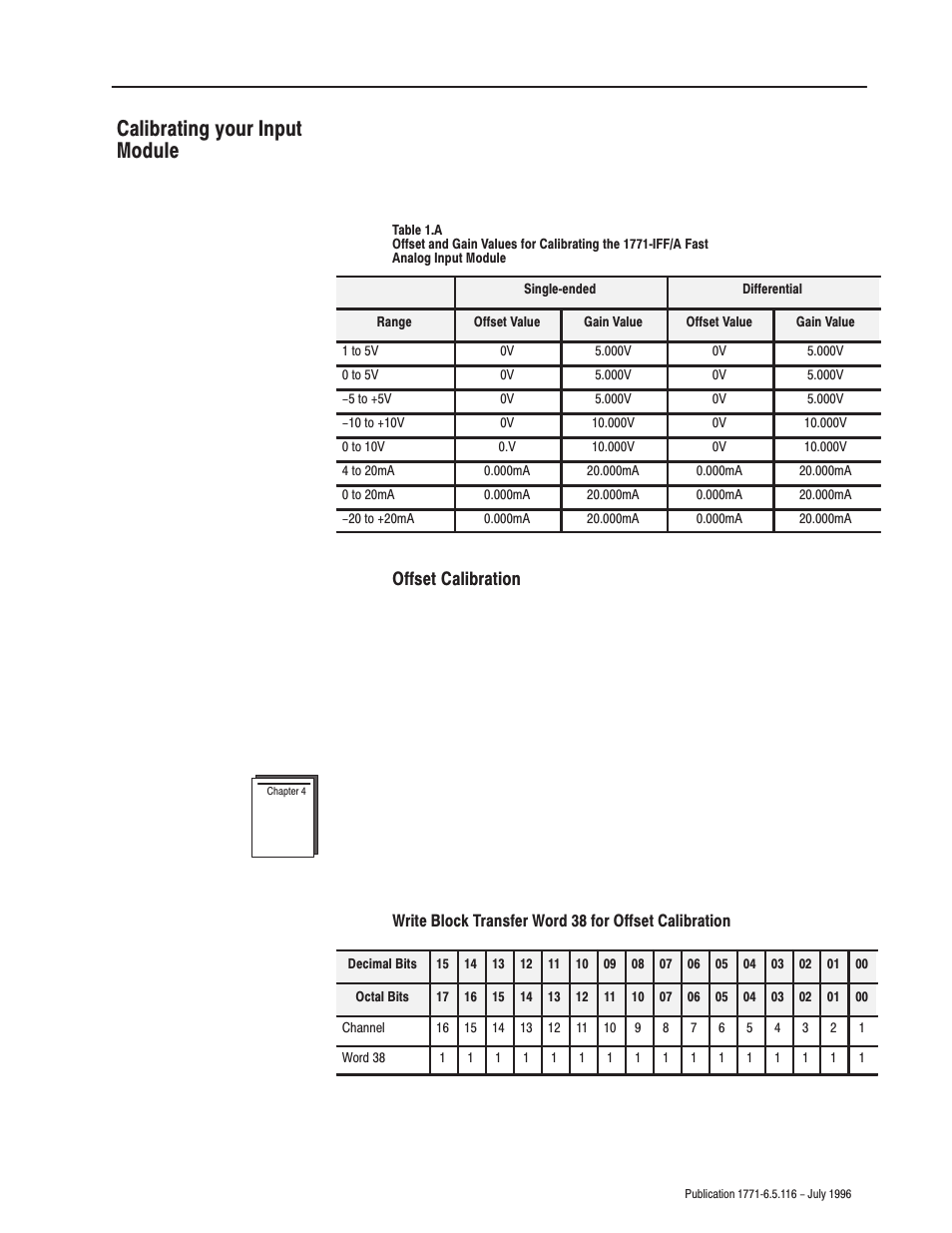 Calibrating your input module, Offset calibration | Rockwell Automation 1771-IFF/A,D17716.5.116 FAST ANALOG INPUT MODULE User Manual | Page 13 / 94