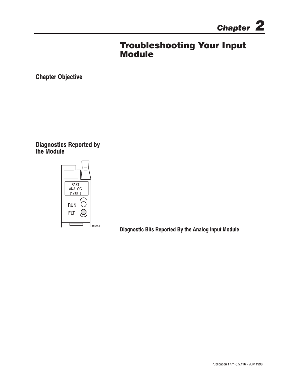 2 - troubleshooting your input module, Troubleshooting your input module, Chapter | Rockwell Automation 1771-IFF/A,D17716.5.116 FAST ANALOG INPUT MODULE User Manual | Page 17 / 94