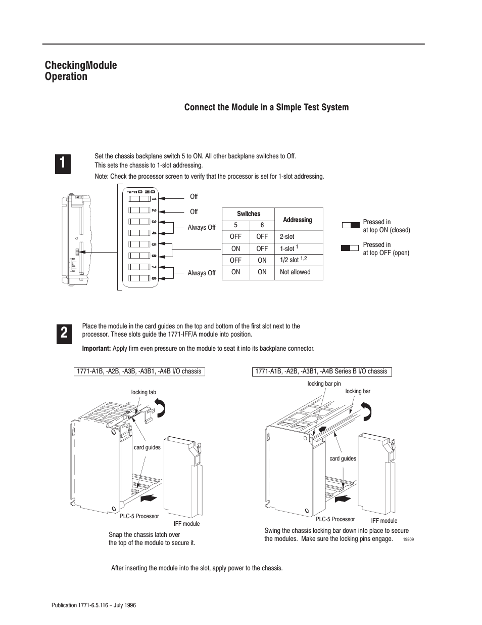 Checkingmodule operation, Connect the module in a simple test system | Rockwell Automation 1771-IFF/A,D17716.5.116 FAST ANALOG INPUT MODULE User Manual | Page 20 / 94