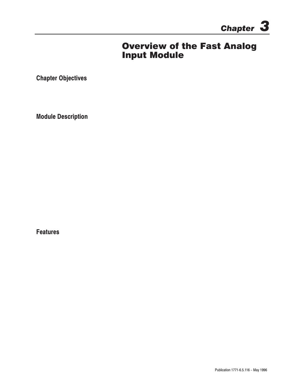 3 - overview of the fast analog input module, Overview of the fast analog input module, Chapter | Rockwell Automation 1771-IFF/A,D17716.5.116 FAST ANALOG INPUT MODULE User Manual | Page 27 / 94