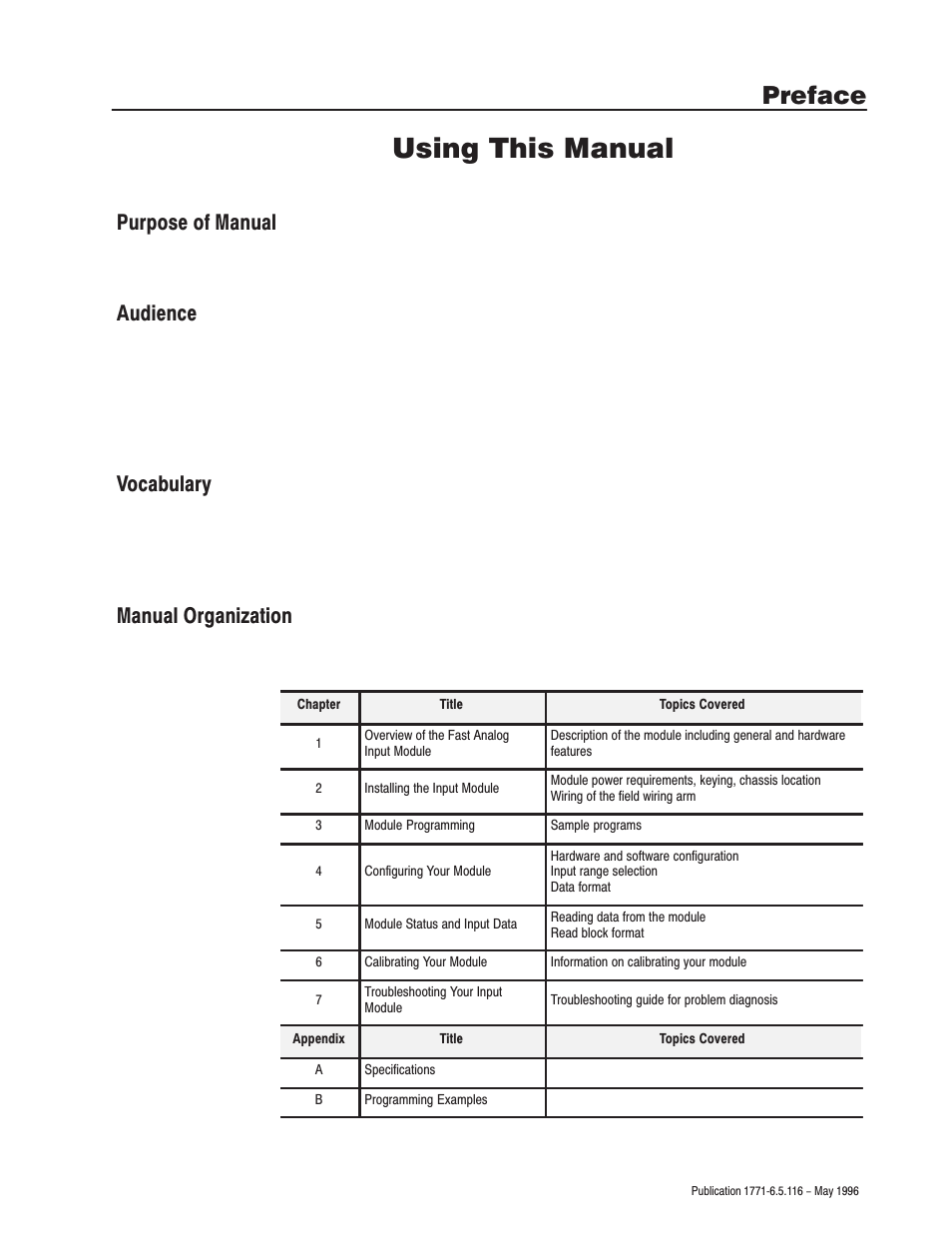 Preface, Using this manual | Rockwell Automation 1771-IFF/A,D17716.5.116 FAST ANALOG INPUT MODULE User Manual | Page 3 / 94