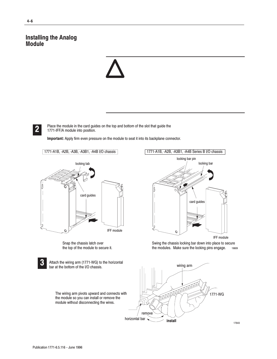 Installing the analog module | Rockwell Automation 1771-IFF/A,D17716.5.116 FAST ANALOG INPUT MODULE User Manual | Page 36 / 94