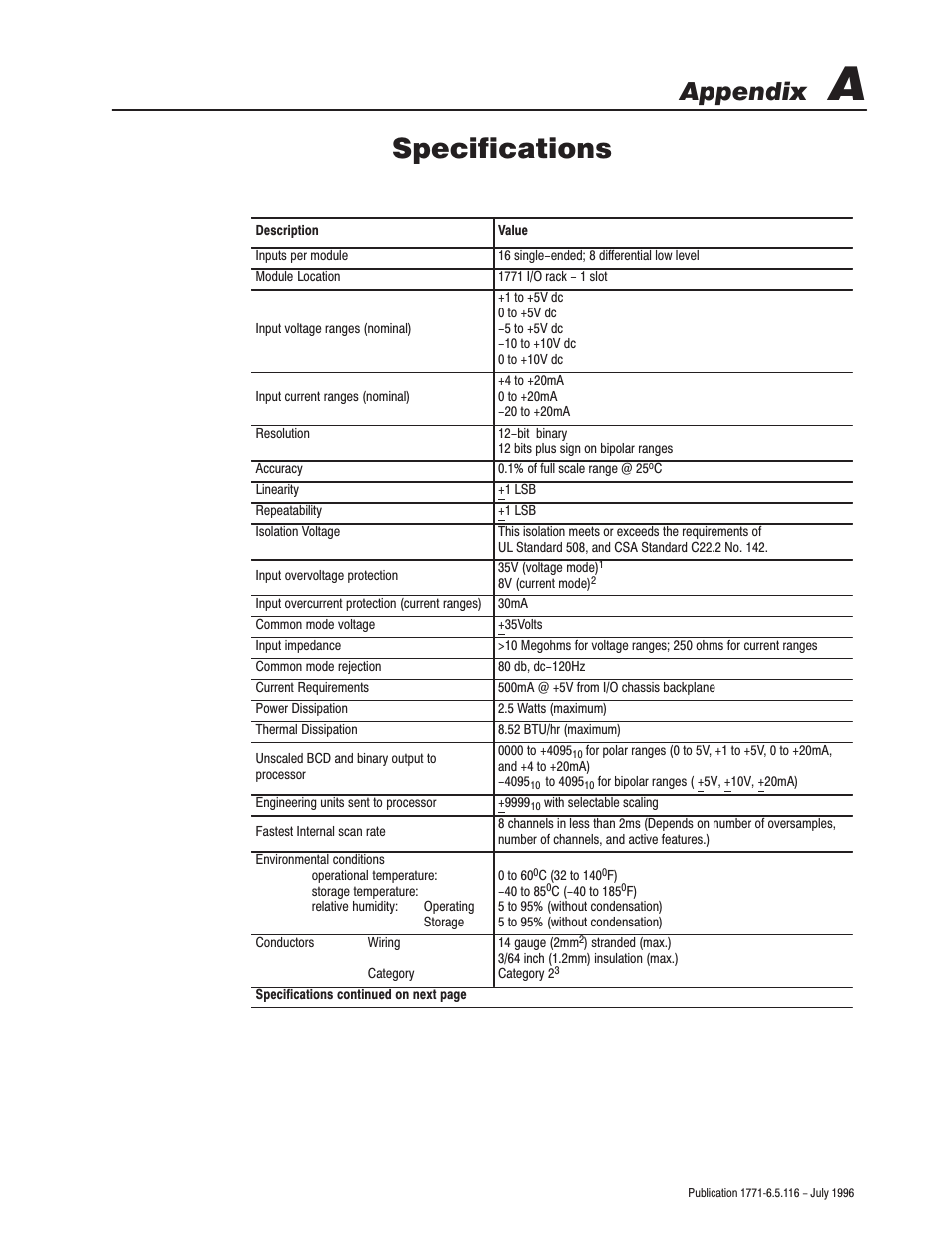 A - specifications, Specifications, Appendix | Rockwell Automation 1771-IFF/A,D17716.5.116 FAST ANALOG INPUT MODULE User Manual | Page 69 / 94