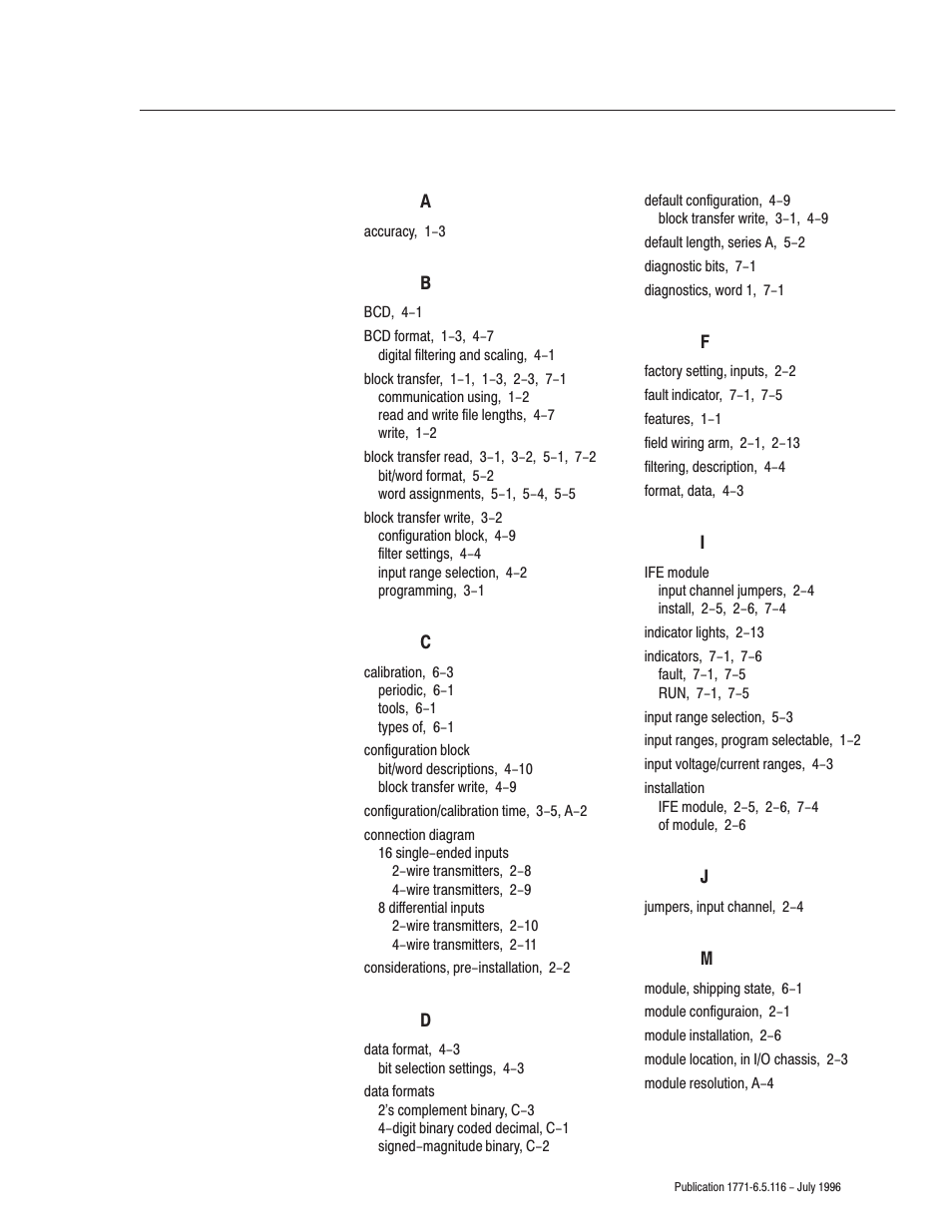 Index | Rockwell Automation 1771-IFF/A,D17716.5.116 FAST ANALOG INPUT MODULE User Manual | Page 89 / 94