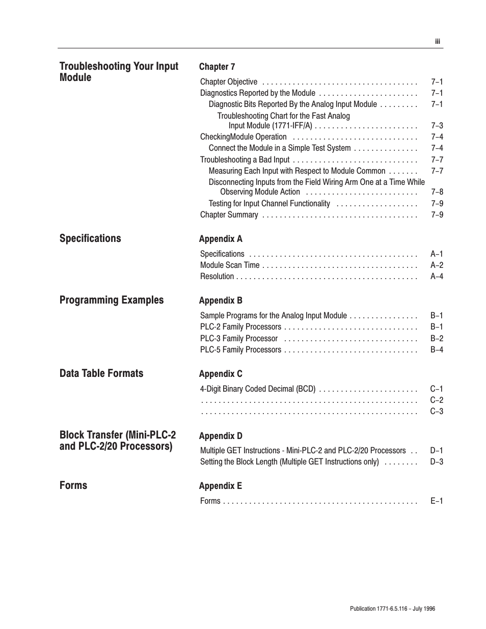 Rockwell Automation 1771-IFF/A,D17716.5.116 FAST ANALOG INPUT MODULE User Manual | Page 9 / 94