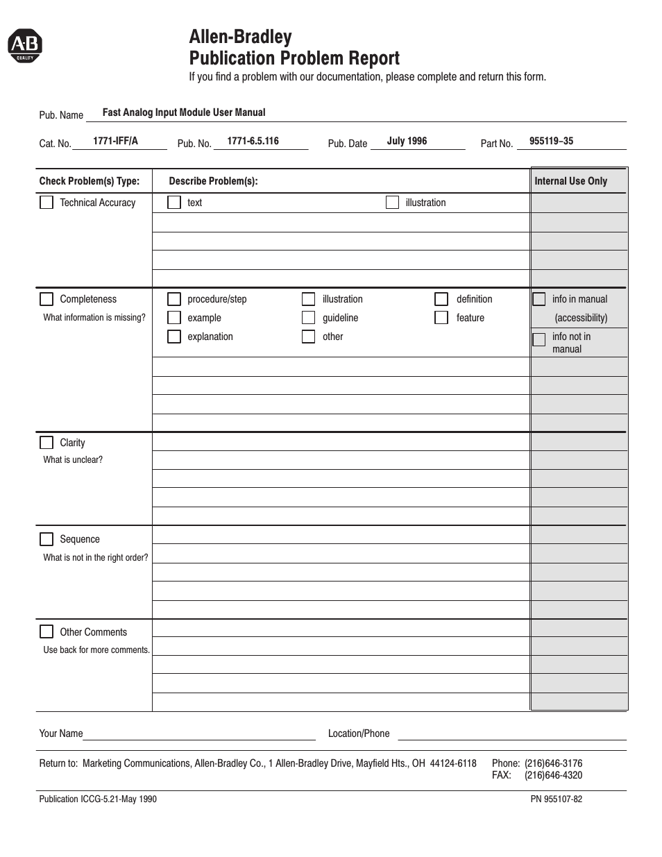 Allen-bradley publication problem report, Allenćbradley publication problem report | Rockwell Automation 1771-IFF/A,D17716.5.116 FAST ANALOG INPUT MODULE User Manual | Page 91 / 94