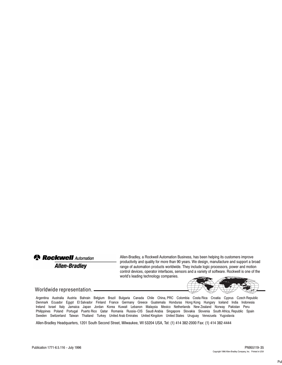 Back cover, Worldwide representation | Rockwell Automation 1771-IFF/A,D17716.5.116 FAST ANALOG INPUT MODULE User Manual | Page 94 / 94