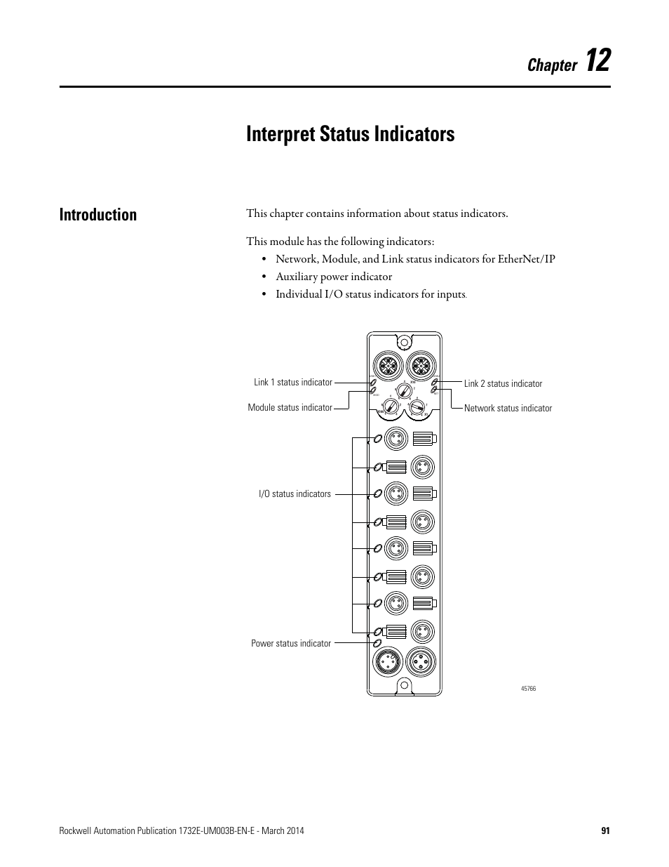 12 - interpret status indicators, Interpret status indicators, Introduction | Chapter | Rockwell Automation 1732E-OB8M8SR EtherNet/IP Dual Port 8-Point SOE Input and Scheduled Output Modules UM User Manual | Page 101 / 146