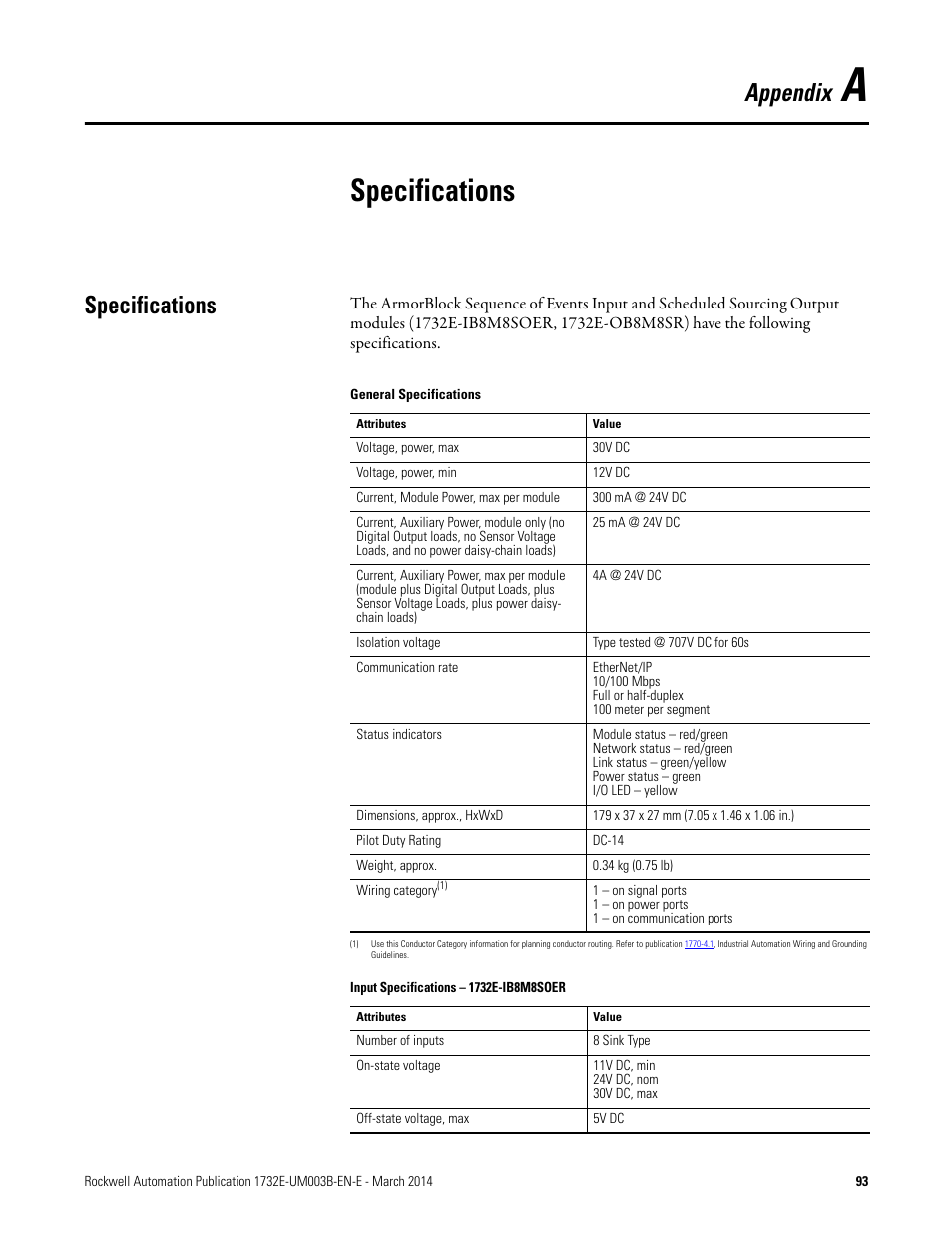 A - specifications, Specifications, Appendix | Rockwell Automation 1732E-OB8M8SR EtherNet/IP Dual Port 8-Point SOE Input and Scheduled Output Modules UM User Manual | Page 103 / 146