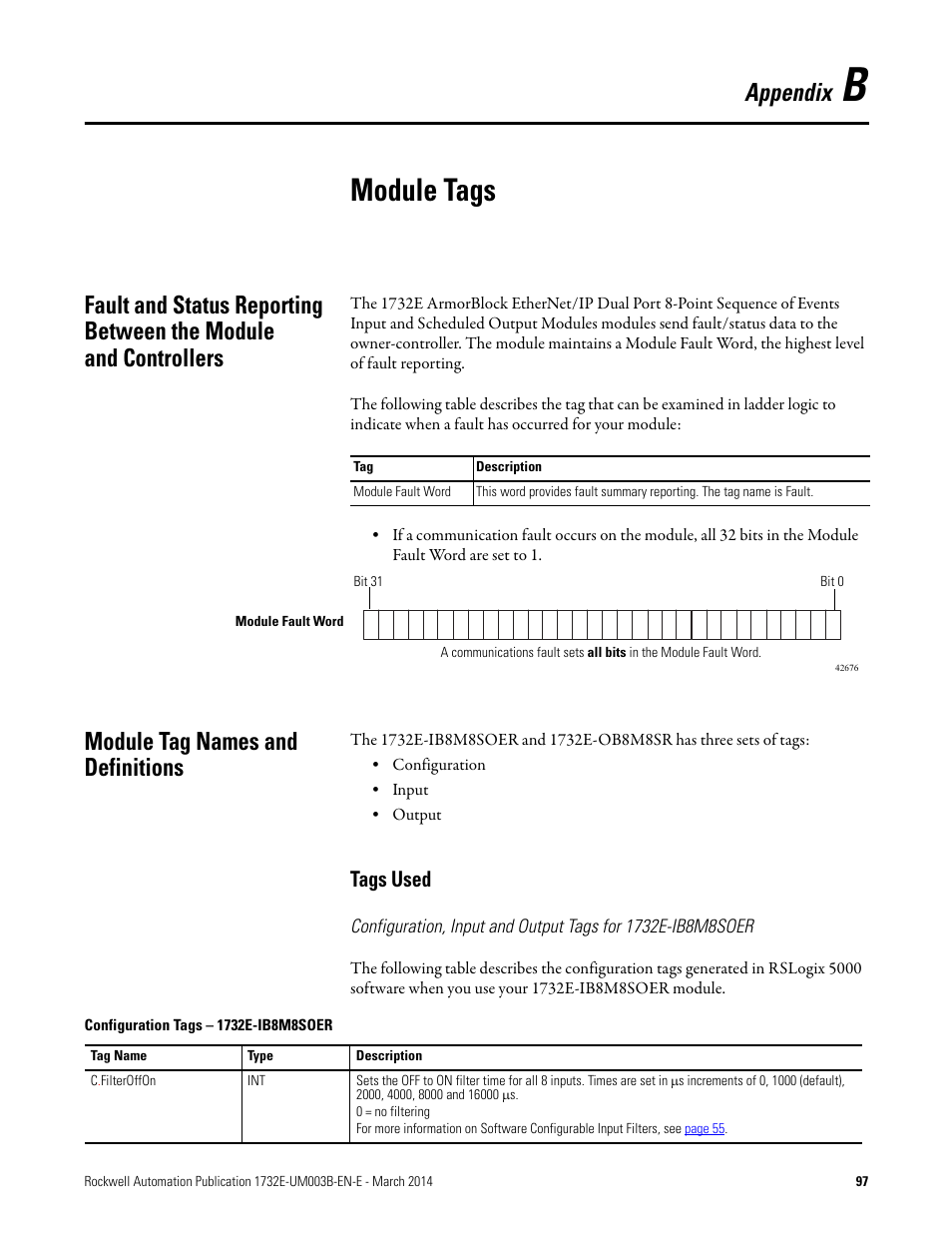B - module tags, Module tags, Module tag names and definitions | Tags used, Appendix | Rockwell Automation 1732E-OB8M8SR EtherNet/IP Dual Port 8-Point SOE Input and Scheduled Output Modules UM User Manual | Page 107 / 146