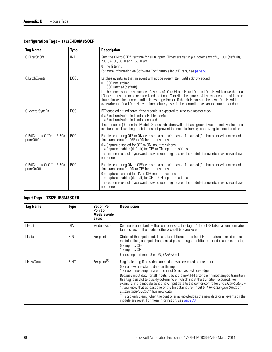 Rockwell Automation 1732E-OB8M8SR EtherNet/IP Dual Port 8-Point SOE Input and Scheduled Output Modules UM User Manual | Page 108 / 146