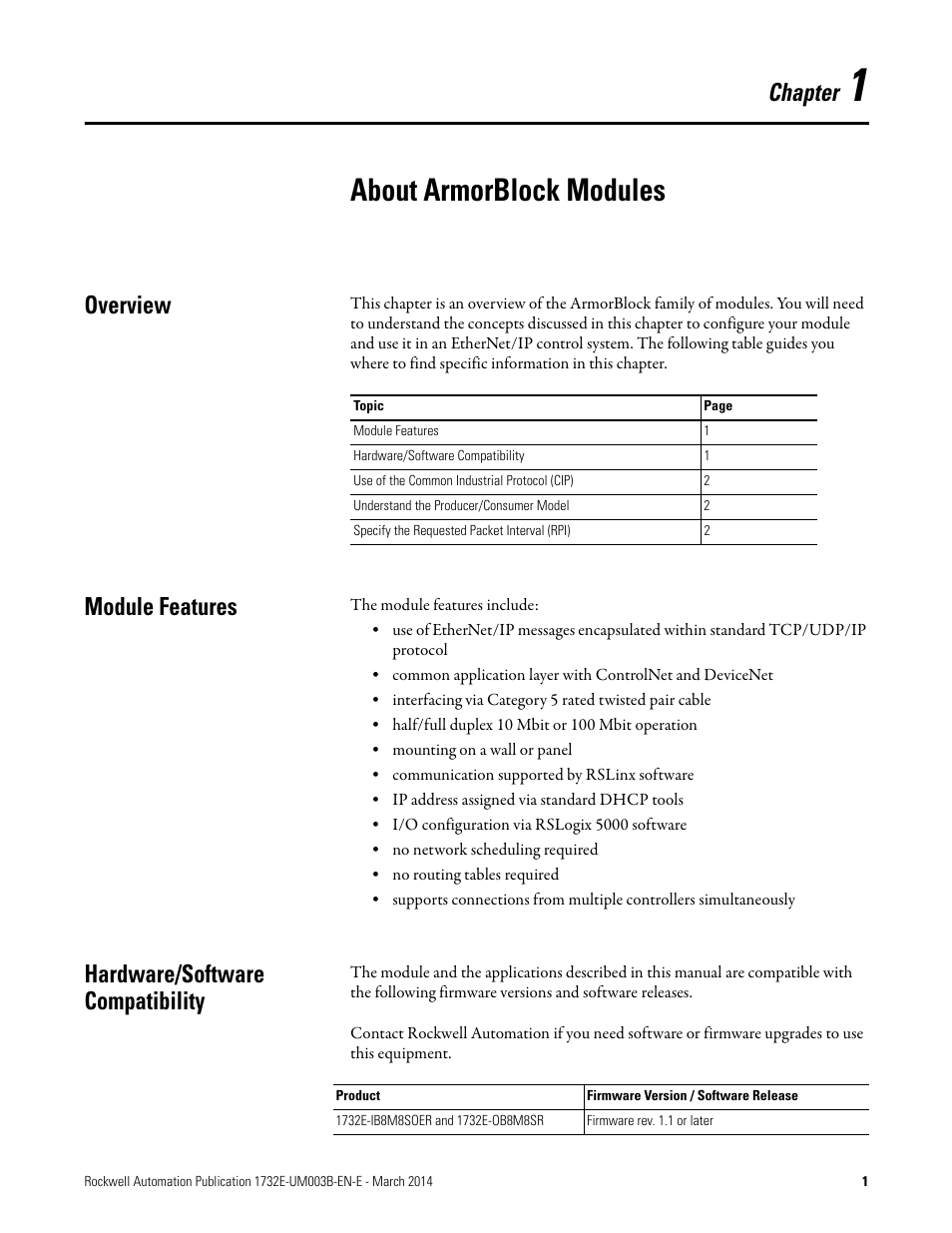 1 - about armorblock modules, About armorblock modules, Overview | Module features, Hardware/software compatibility, Chapter | Rockwell Automation 1732E-OB8M8SR EtherNet/IP Dual Port 8-Point SOE Input and Scheduled Output Modules UM User Manual | Page 11 / 146