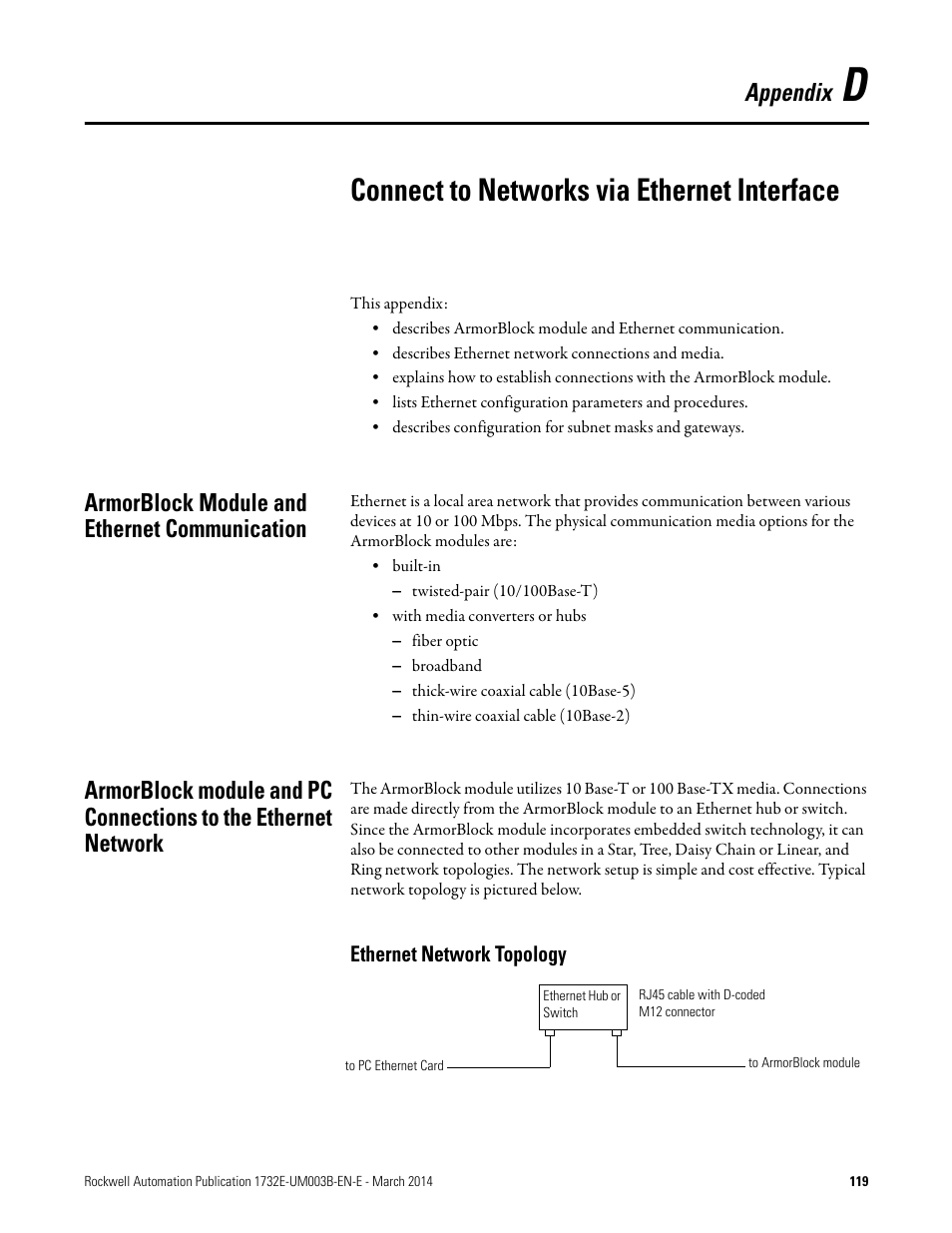 D - connect to networks via ethernet interface, Connect to networks via ethernet interface, Armorblock module and ethernet communication | Ethernet network topology, Appendix | Rockwell Automation 1732E-OB8M8SR EtherNet/IP Dual Port 8-Point SOE Input and Scheduled Output Modules UM User Manual | Page 129 / 146
