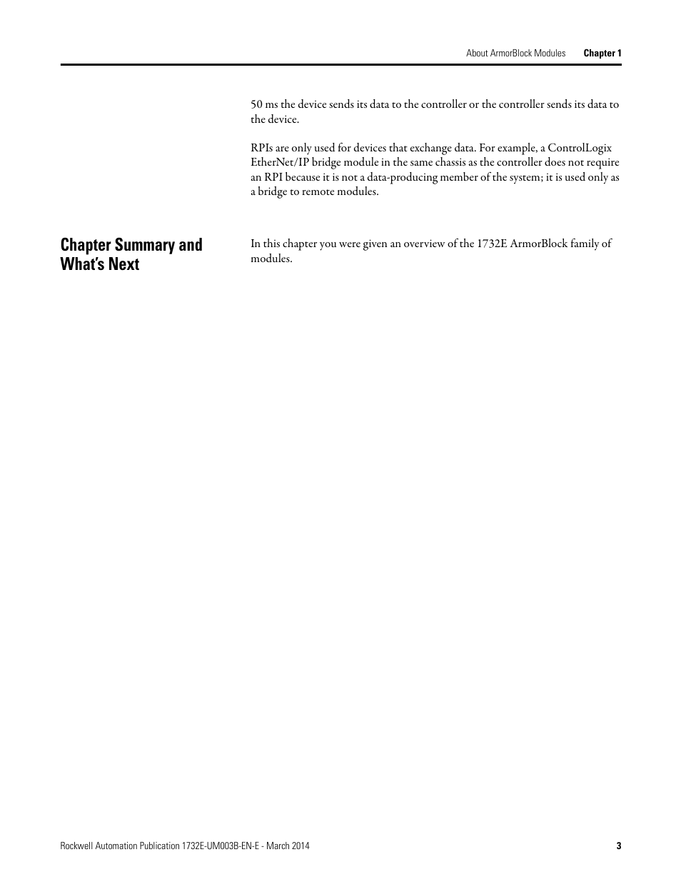 Chapter summary and what’s next | Rockwell Automation 1732E-OB8M8SR EtherNet/IP Dual Port 8-Point SOE Input and Scheduled Output Modules UM User Manual | Page 13 / 146
