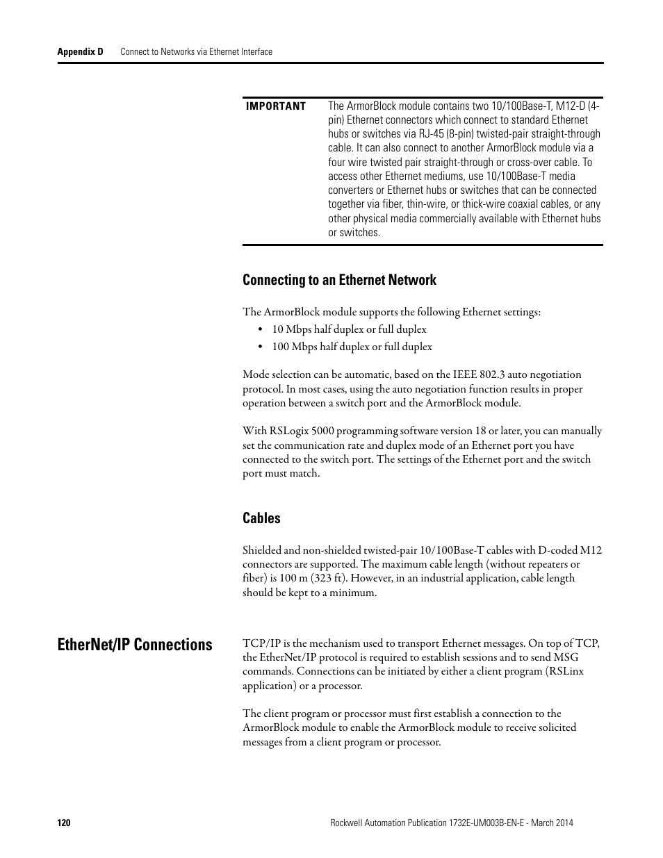 Connecting to an ethernet network, Cables, Ethernet/ip connections | Rockwell Automation 1732E-OB8M8SR EtherNet/IP Dual Port 8-Point SOE Input and Scheduled Output Modules UM User Manual | Page 130 / 146