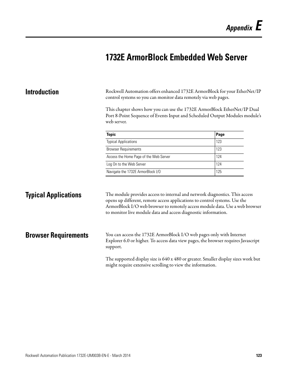 E - 1732e armorblock embedded web server, 1732e armorblock embedded web server, Introduction | Typical applications, Browser requirements, Appendix | Rockwell Automation 1732E-OB8M8SR EtherNet/IP Dual Port 8-Point SOE Input and Scheduled Output Modules UM User Manual | Page 133 / 146