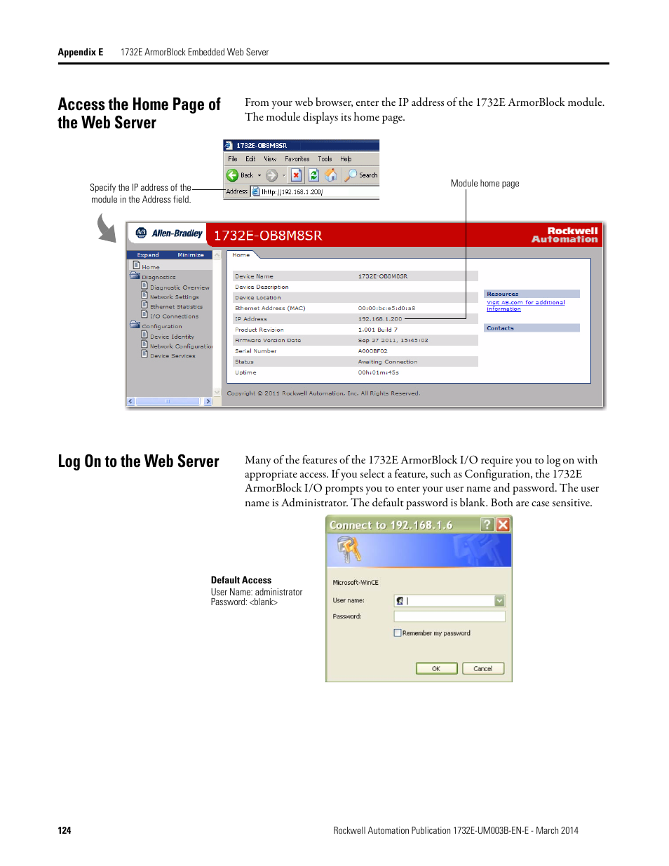 Log on to the web server, Access the home page of the web server | Rockwell Automation 1732E-OB8M8SR EtherNet/IP Dual Port 8-Point SOE Input and Scheduled Output Modules UM User Manual | Page 134 / 146