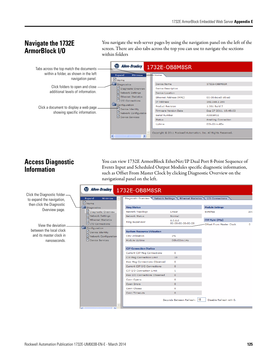 Navigate the 1732e armorblock i/o, Access diagnostic information | Rockwell Automation 1732E-OB8M8SR EtherNet/IP Dual Port 8-Point SOE Input and Scheduled Output Modules UM User Manual | Page 135 / 146