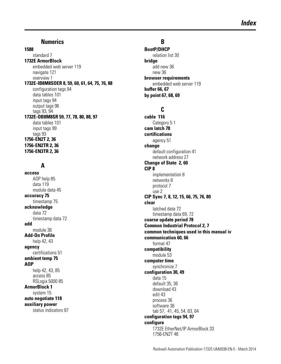 Index, Numerics | Rockwell Automation 1732E-OB8M8SR EtherNet/IP Dual Port 8-Point SOE Input and Scheduled Output Modules UM User Manual | Page 137 / 146