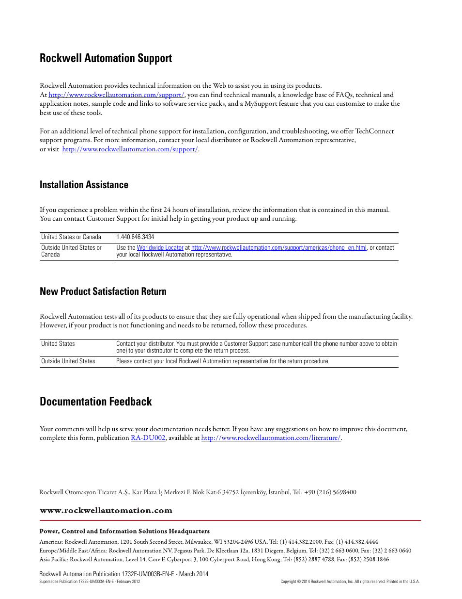 Back cover, Rockwell automation support, Documentation feedback | Installation assistance, New product satisfaction return | Rockwell Automation 1732E-OB8M8SR EtherNet/IP Dual Port 8-Point SOE Input and Scheduled Output Modules UM User Manual | Page 146 / 146