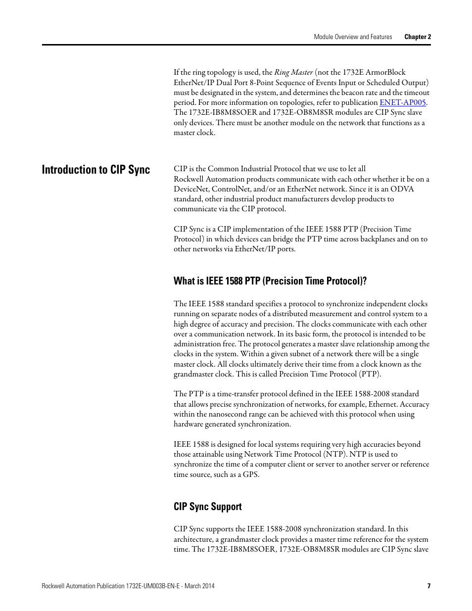 Introduction to cip sync, What is ieee 1588 ptp (precision time protocol), Cip sync support | Rockwell Automation 1732E-OB8M8SR EtherNet/IP Dual Port 8-Point SOE Input and Scheduled Output Modules UM User Manual | Page 17 / 146