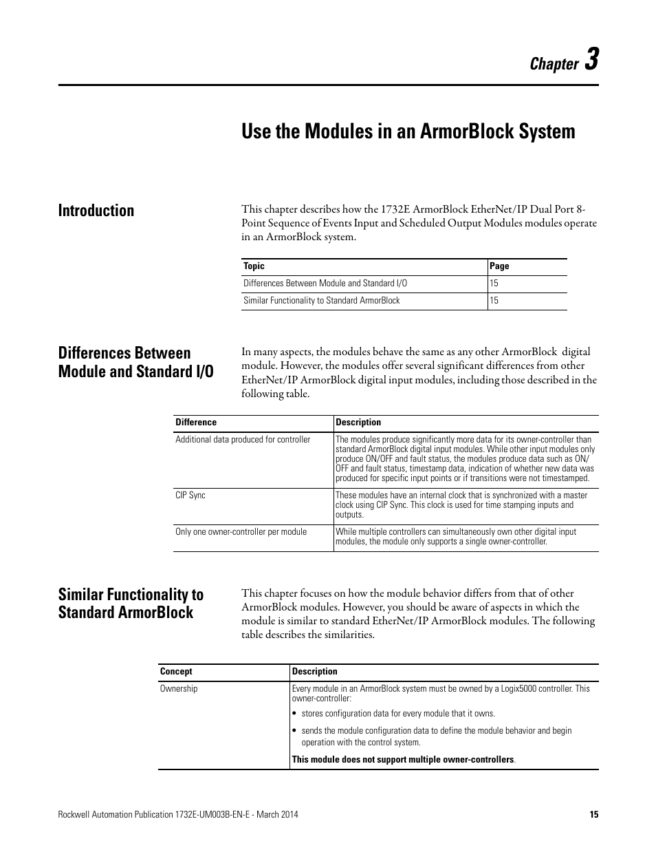 3 - use the modules in an armorblock system, Use the modules in an armorblock system, Introduction | Differences between module and standard i/o, Similar functionality to standard armorblock, Chapter | Rockwell Automation 1732E-OB8M8SR EtherNet/IP Dual Port 8-Point SOE Input and Scheduled Output Modules UM User Manual | Page 25 / 146