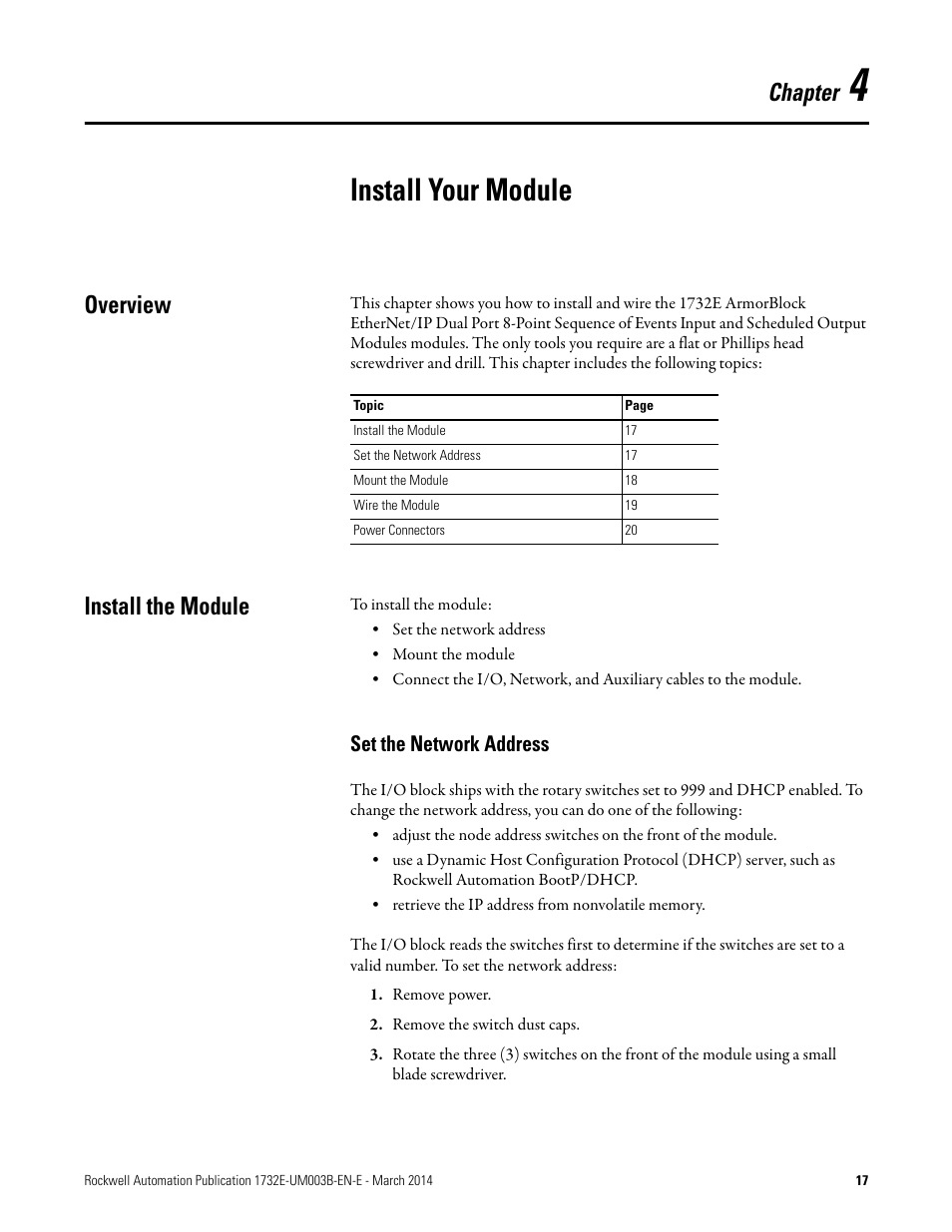 4 - install your module, Install your module, Overview | Install the module, Set the network address, Chapter | Rockwell Automation 1732E-OB8M8SR EtherNet/IP Dual Port 8-Point SOE Input and Scheduled Output Modules UM User Manual | Page 27 / 146