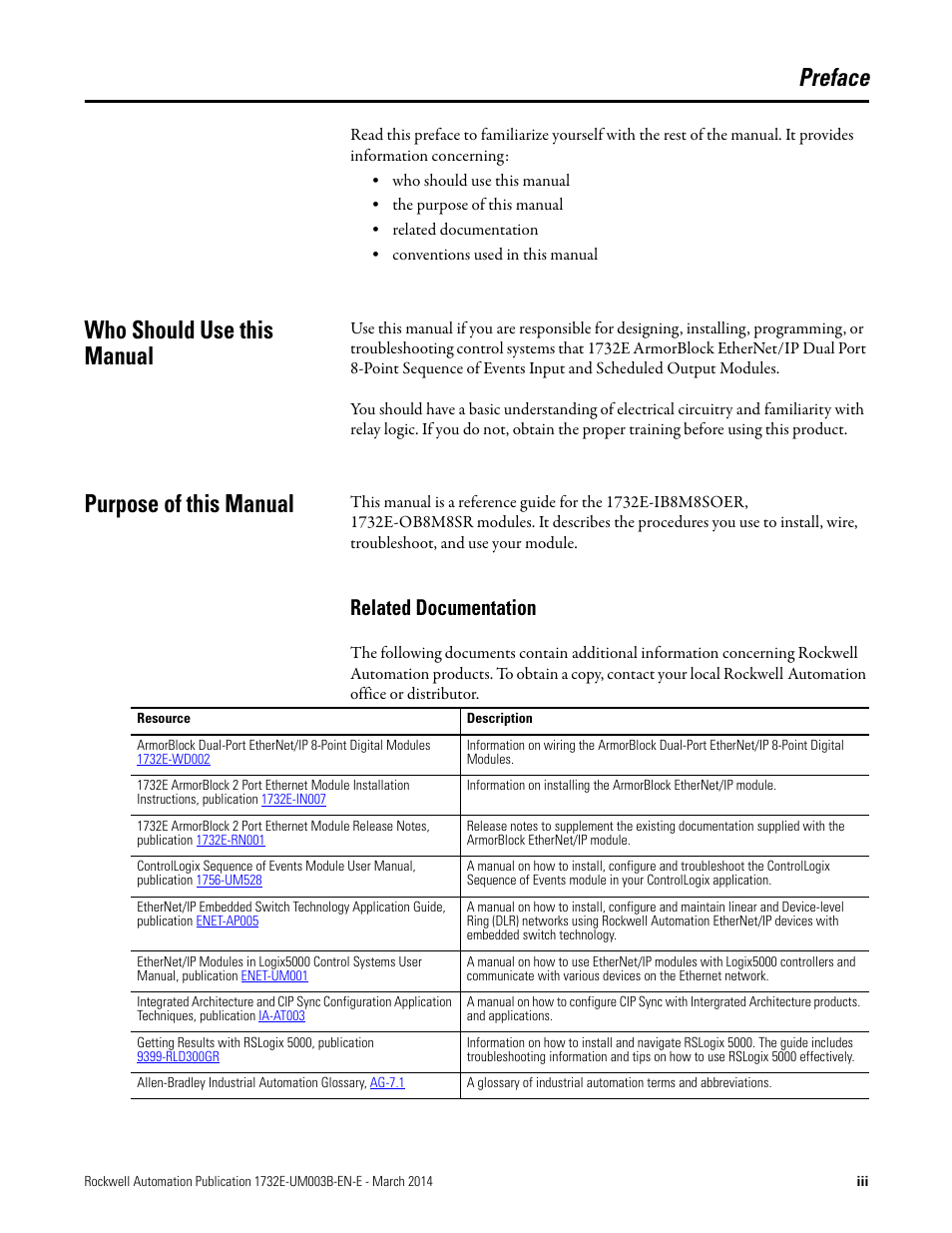 Preface, Who should use this manual, Purpose of this manual | Related documentation | Rockwell Automation 1732E-OB8M8SR EtherNet/IP Dual Port 8-Point SOE Input and Scheduled Output Modules UM User Manual | Page 3 / 146