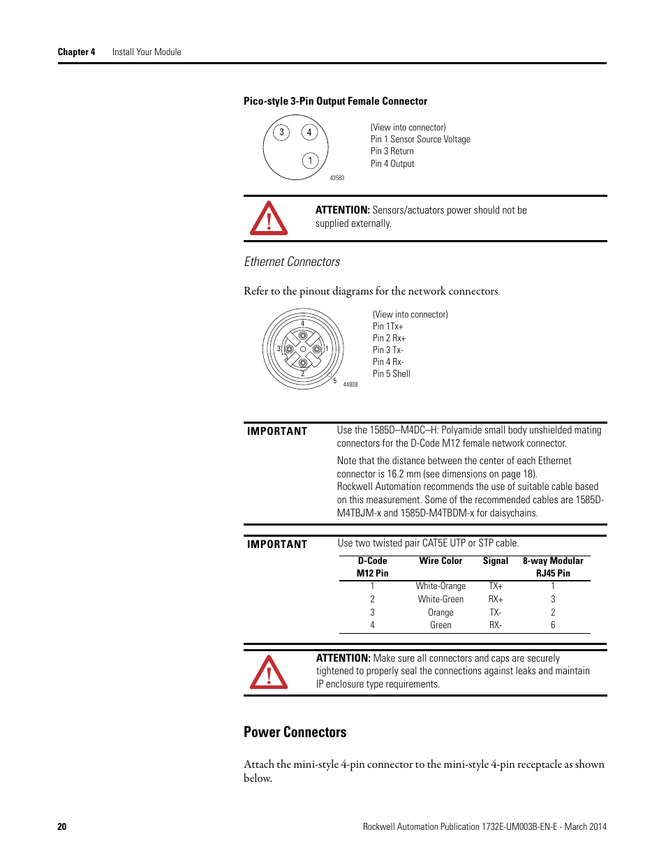 Power connectors, Ethernet connectors | Rockwell Automation 1732E-OB8M8SR EtherNet/IP Dual Port 8-Point SOE Input and Scheduled Output Modules UM User Manual | Page 30 / 146