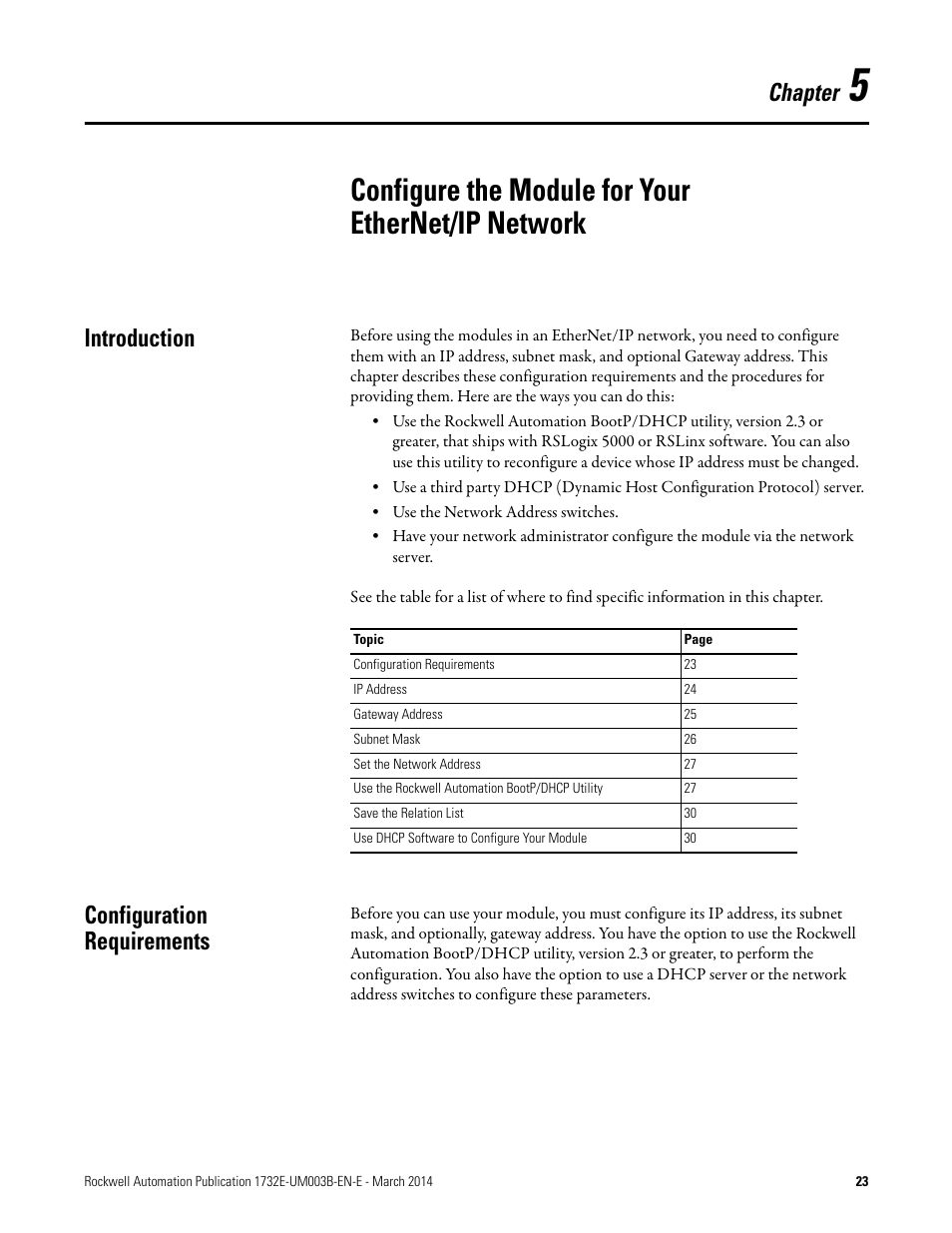 Configure the module for your ethernet/ip network, Introduction, Configuration requirements | Chapter | Rockwell Automation 1732E-OB8M8SR EtherNet/IP Dual Port 8-Point SOE Input and Scheduled Output Modules UM User Manual | Page 33 / 146