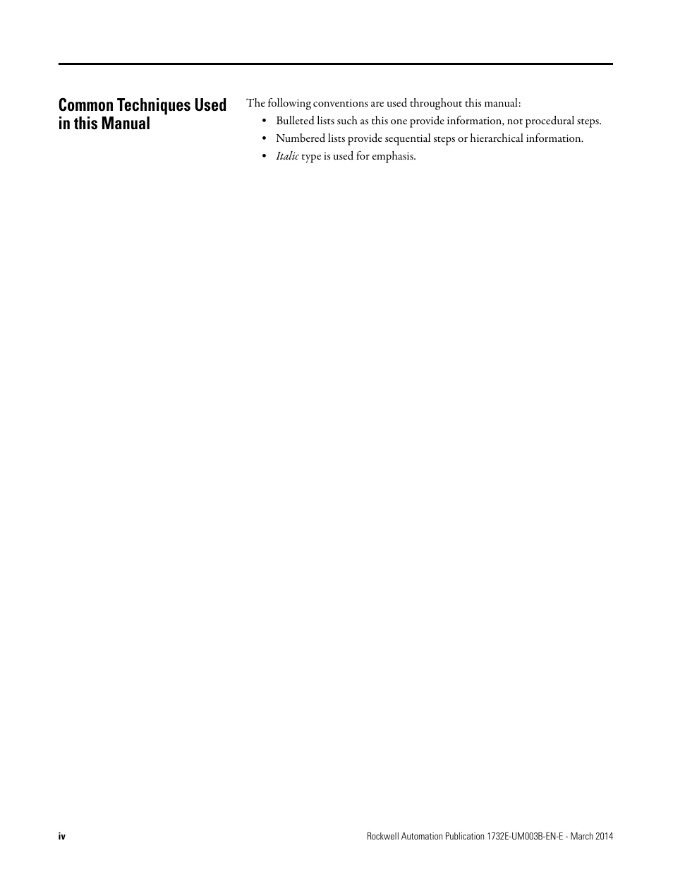 Common techniques used in this manual | Rockwell Automation 1732E-OB8M8SR EtherNet/IP Dual Port 8-Point SOE Input and Scheduled Output Modules UM User Manual | Page 4 / 146